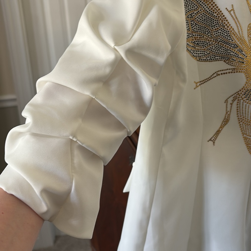 *Elegant Embellished White Blazer Jacket w Queen Bee Beaded Design Shawl Lapel - Picture 9 of 16
